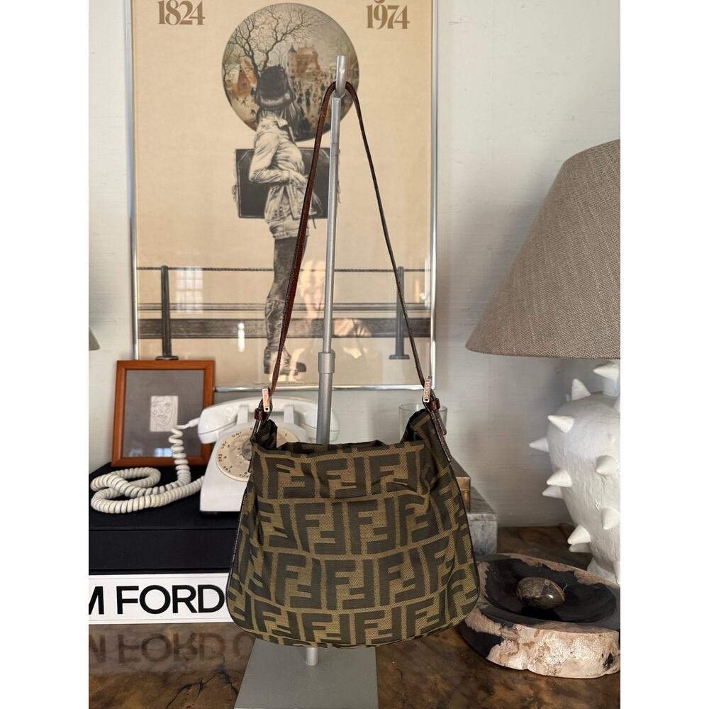 FENDI Zucca Mini Shoulder Bag canvas baguette Logo Brown Silver Y2K Slouch - Picture 7 of 11
